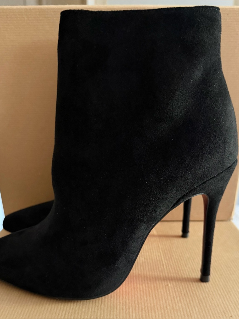 Black Suede Pointed Toe Red Bottom Stiletto Ankle Booties